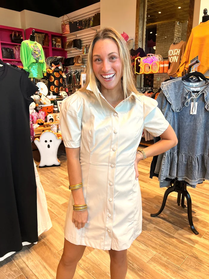 Amy Solid Pleather Button Down Dress