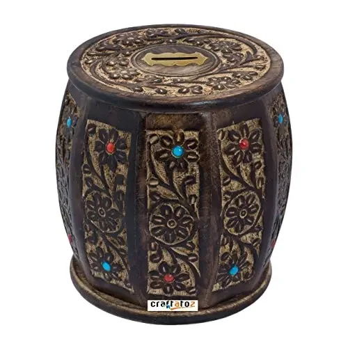 Antique Wooden Money Bank Barrel Shape Coin Bank Piggy Bank for Kids & Adults with Lock Money Saving Box Decorative Return Gifts for All ( Brown )3.5×3.5×5 LxBxH Inches
