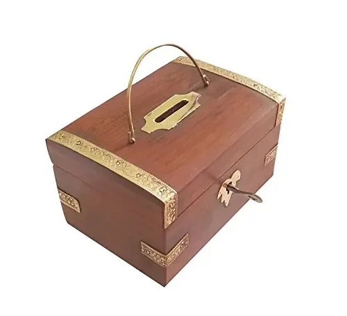 Antique Wooden Money Bank Chest Shape Coin Bank with Brass Hand Work Piggy Bank for Kids & Adults with Lock Money Saving Box Decorative Return Gifts For All ( Brown ) Size (LxBxH-4x4x5) Inch