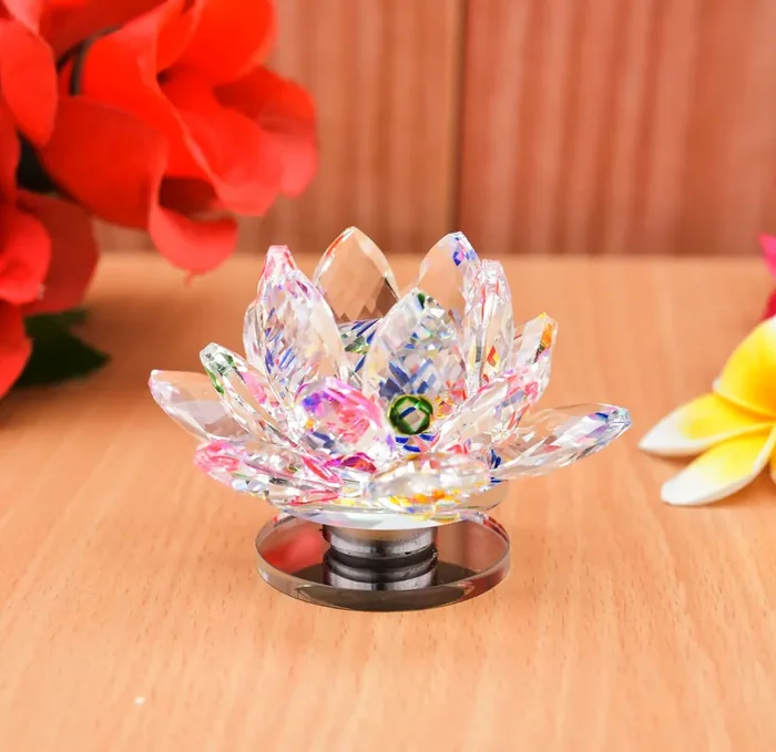 Archna Handicraft Crystal Lotus with Manual Rotating Stand for Positive Energy Decorative Showpiece for Home Décor (Multicolor, 2.5×3 Inch)