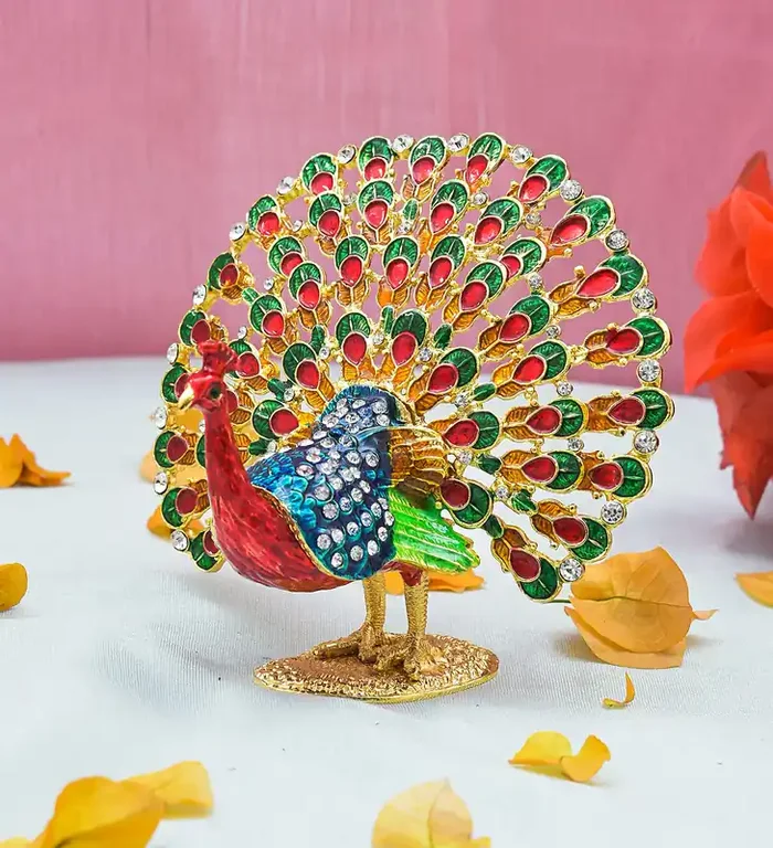 Archna Handicraft Feng Shui Bejeweled Peacock with Wish Fulfilling Compartment Decorative Showpiece Statue Murti for Home Office Decor (4X3.5 inch)