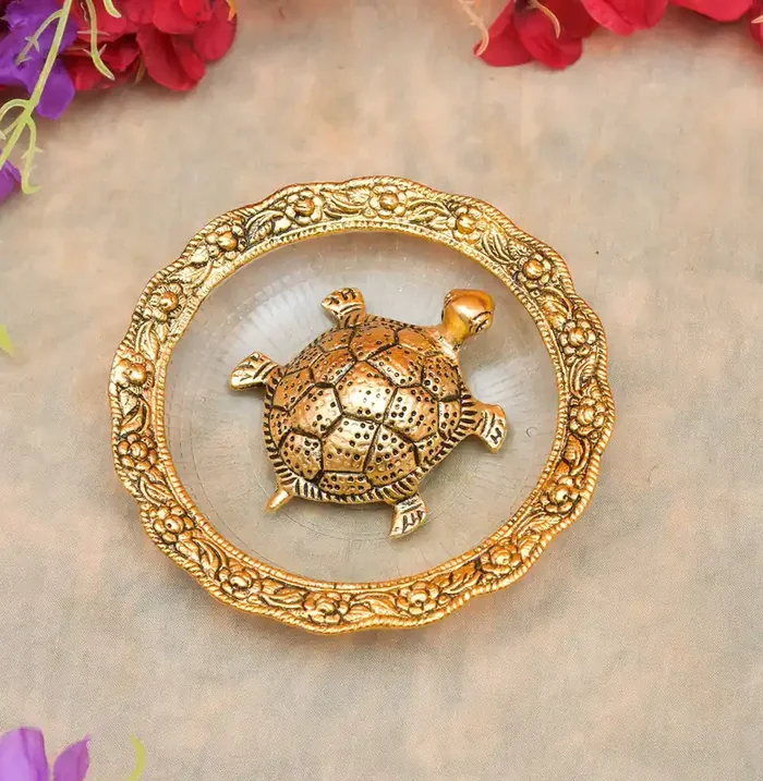 Archna Handicraft Golden Metal Tortoise On Glass Plate Kachuwa Good Luck , Home Decorative Items (Pack of 1)(Size – 6x4x3″)