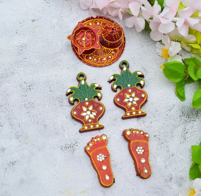 Archna Handicraft Plastic Kalash Sticker Laxmi Ji Pav Deepak with Agarbatti Stand Stickers for Wall Sticker Festival Season Diwali Pujan(Gold), Religion