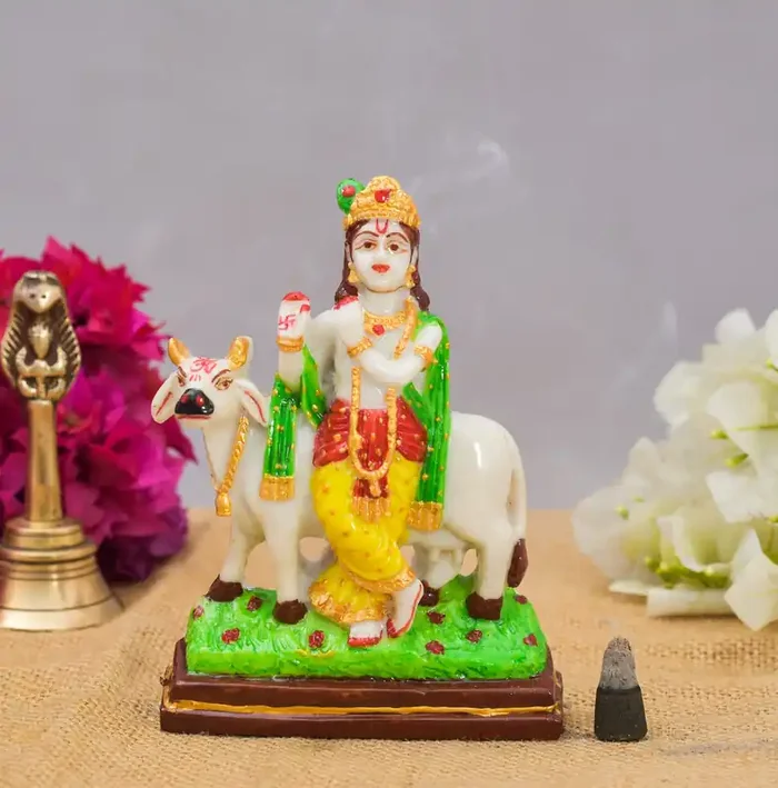 Archna Handicraft Polyresin Cow and Calf Statue Showpiece Murti for Home Office Decorative Gau MATA Sculpture Idol (Size 7×4 Inch, White), Wedding