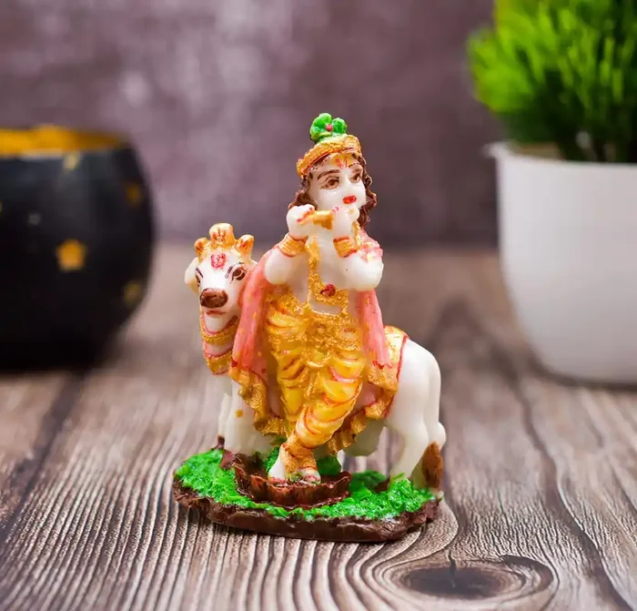 Archna Handicraft Polyresin Hand Printed Krishna with Cow Murti Statue for Home Decor Pooja Room Shree Krishna Figurine Idol Statue
