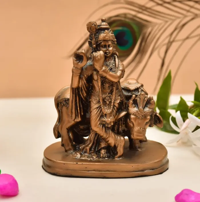 Archna Handicraft Polyresin Hand Printed Shree Krishna with Cow Idol Figurine Murti for Pooja Room Home Office Krishna Ji Statue Sculpture (4.5 x 3.5 x 2 Inches)