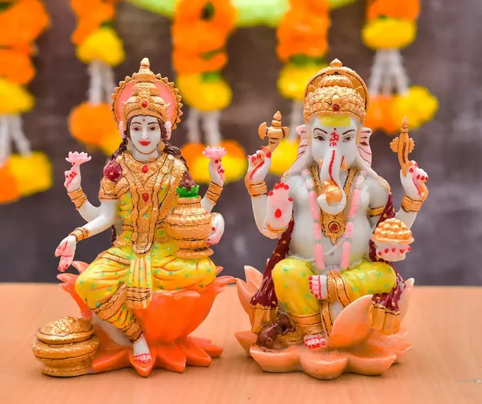 Archna Handicraft Polyresin Lotus Base Laxmi Ganesha Statue for Pooja Figurine Idol Statue