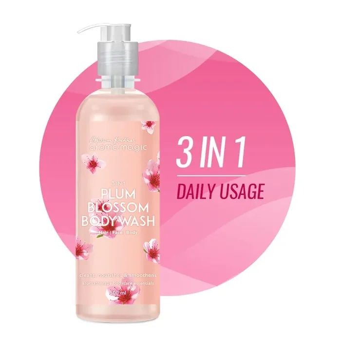 Aroma Magic 3 in 1 Plum Blossom Body Wash Cleanses & nourishes skin, mattifies & revives dullness with Apple cider vinegar, grapefruit & clary sage essential oils, vitamin E – 220ml