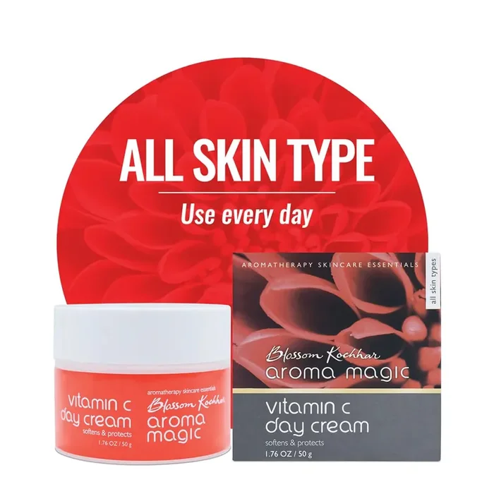 Aroma Magic Vitamin C Day Cream Moisturizes, softens, & protects skin SPF 15 Shea butter, avocado oils, orange & apple extracts, chamomile & Helichrysum essential oils All Skin Type – 200g