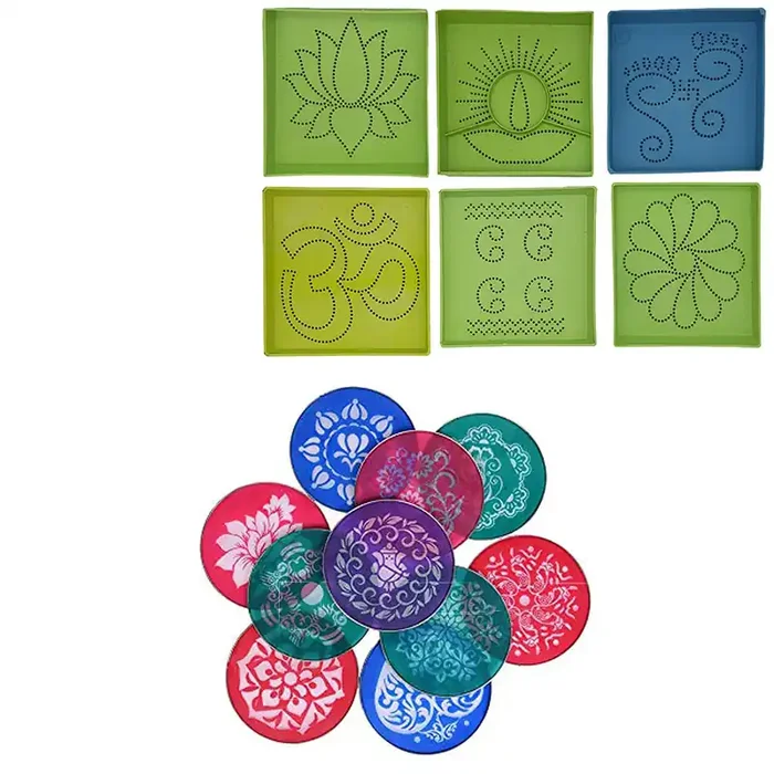 Ascension Different Design Draw Rangoli Making Kit Rangoli Stamp Om Swastik Flower Multi Rangoli Designs 10 Circle 4inches Plastic Stencils with 12 3X3 Rangoli Making Dotted Stencils