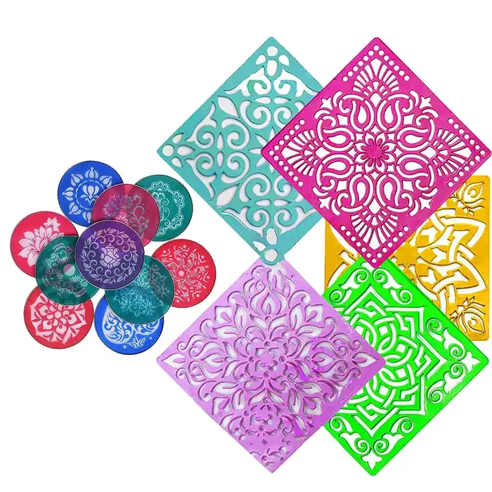 Ascension Different Design Draw Rangoli Making Kit Rangoli Stamp Om Swastik Flower Multi Rangoli Designs 10 Circle 8inches Plastic Stencils with 6 12X12 Rangoli Making Dotted Stencils