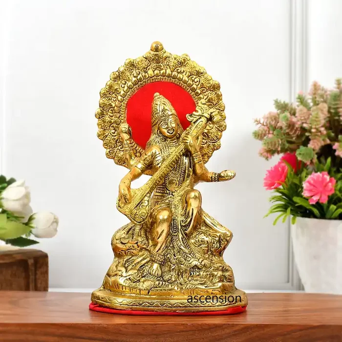 ascension Gold Plated Saraswati Maa Metal Idol, Hindu Goddess Saraswati MATA Murti for Pooja Room Home Study Room Table Decorative,Showpiece Figurines,Religious Idol Gift