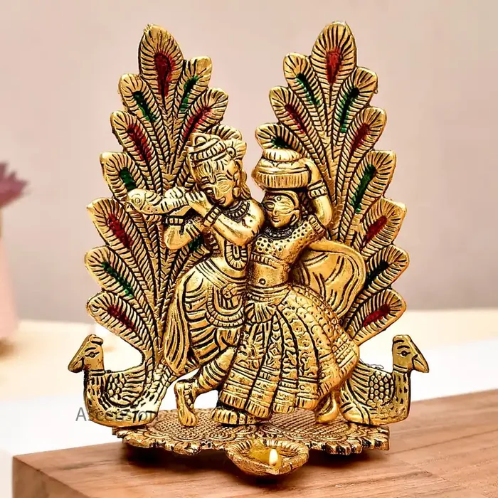 ascension Metal Peacock Design Radha Krishna Idol Decorative Showpiece Statue for Puja Room Home Office Desk Decoration Gift Items (7 x 5 Inches) Gold