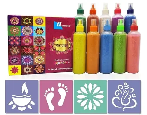 Ascension ® Pack of 12 Rangoli Kolam Powder Colors Bottles Design Creativity Diwali Floor Art Ceramic Colours Rang for Navratri Pongal Pooja Mandir with 2 Rangoli Stencils and 10 Easy Squeeze Bottles