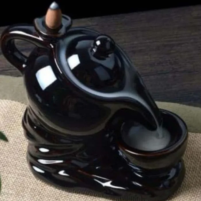 ascension Resin Tea Kettle and Cup Design Burner Smoke Backflow Holder Decorative Showpiece with 10 Scented Incenses (Black)