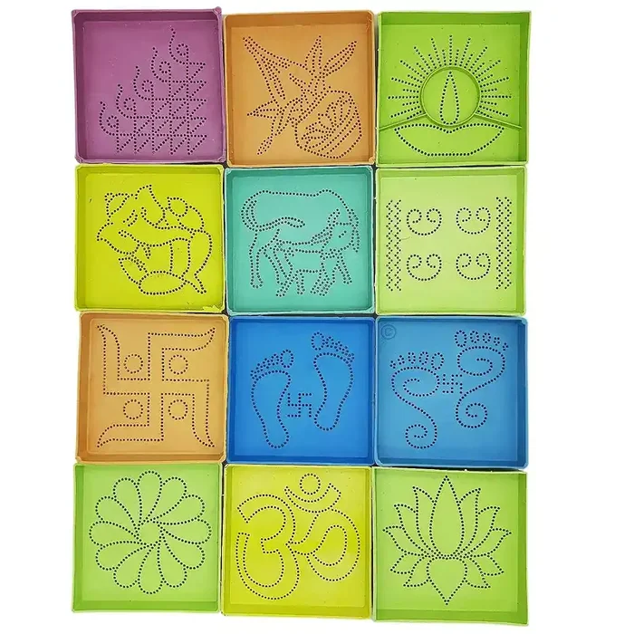 Ascension Set of 12 Different Design Draw Rangoli Making Kit Rangoli Stamp Om Swastik Flower Assorted Multi Designs Colourful Rangoli Designs Rangoli Making Square Stencils