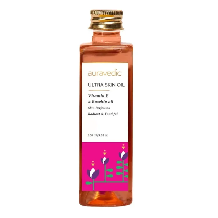 Auravedic Ultra Vitamin E Face & Body Oil with Rosehip, Almond, Olive, Jojoba & Orange Oils After Bath Daily Use Oil for Glowing Skin & Massage 100ml
