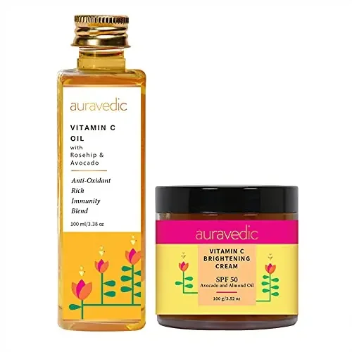 AURAVEDIC Vitamin C Brightening Set- Oil with Rosehip and Avocado and Cream with SPF 50 Sunscreen Antioxidant & Brightening Skin Treatment