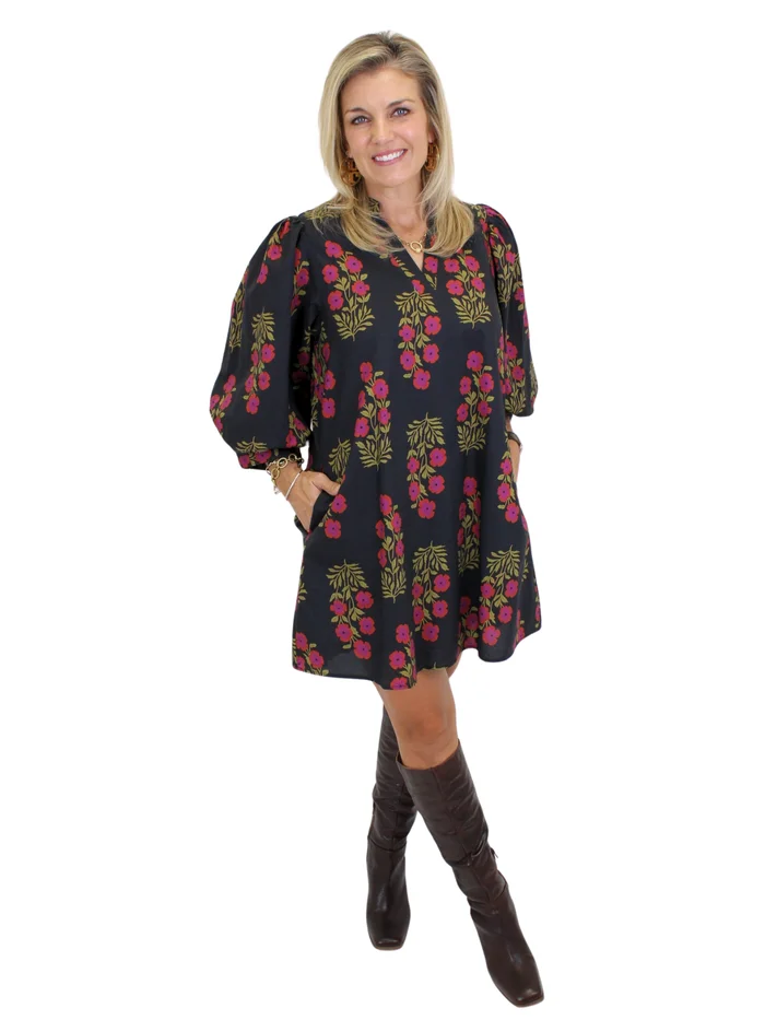 Autumn Blooms Peasant Dress – Black