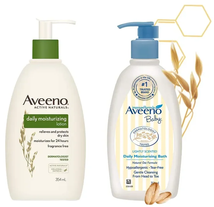 Aveeno Daily Moisturizing Lotion For Normal To Dry Skin With Oats, 354ml and Aveeno Baby Daily Moisturising Bath for Delicate Skin (354ml)
