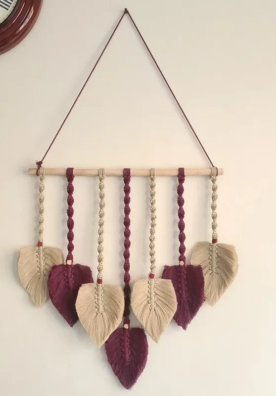 Azeem Macrame Feather Wall Hanging, Maroon and Beige Spiral Knot Wall Hanging, Home Decor, Wall Tapestry, Bedroom Backdrop