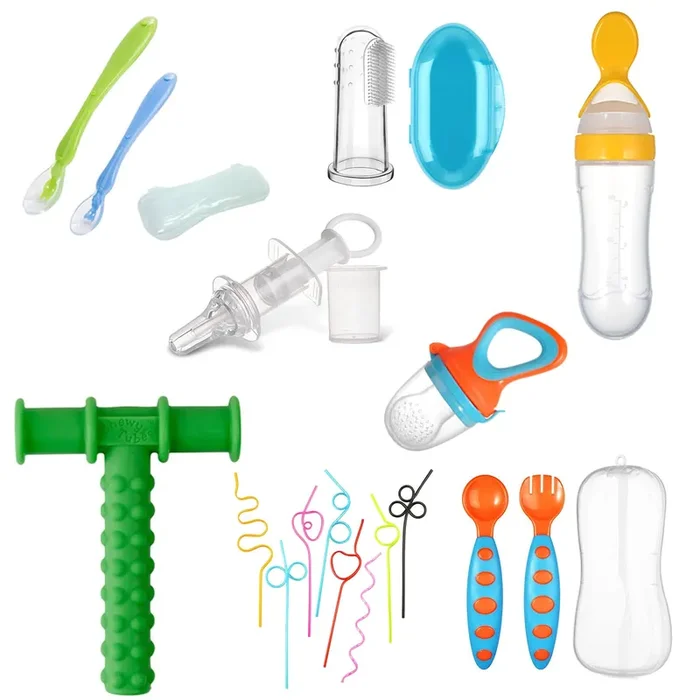 Baby Oral Care and Safety Kit Premium 8 Pieces 1 Twist Straws 1 Finger Brush 1 Chewy Tube 1 Fruit Nibbler 1 Squeezy Spoon 1 Silicone Spoon with Box 1 Spoon & Fork Set 1 Medicine Feeder – Assorted
