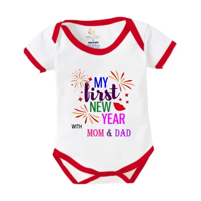 baby wish My First New Year Romper Clothes Newborn Outfit My 1st New Year Printed Romper with Envelop Neck Half Sleeve Unisex Romper Infant Dress My First New Year with Mom & Dad