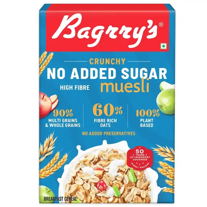 Bagrry‘s Crunchy Muesli No Added Sugar 0% 500g Box 90% Multi Grains 60% Fibre Rich Oats with Bran Whole Grain Breakfast Cereal Helps Manage Weight 0% Added Sugar Plant Based Muesli