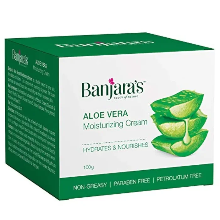 Banjara‘s Aloe Vera Moisturizing Cream, Hydrates and Nourishes Skin with Aloe Vera Leaf Juice and Vitamin E – Petrolatum Free, Paraben-Free (100g)