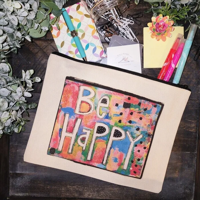 Be Happy Large Canvas Zip Pouch Julie Abbott art