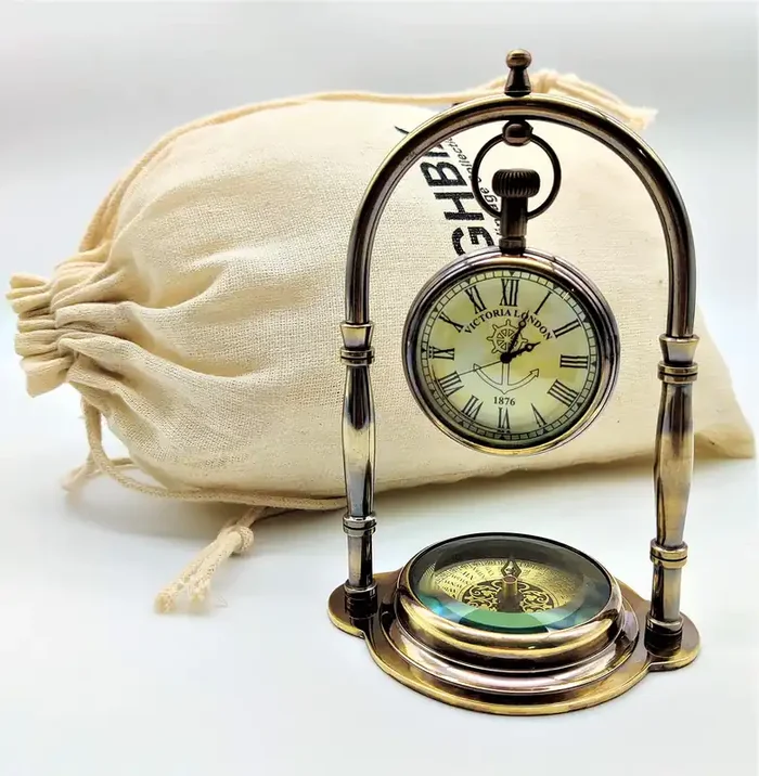 BEHAT BRASS WIND CHIMES – HANGING BELLS Antique Victoria London Table Clock with Maritime Vintage Brass Compass (Brown)