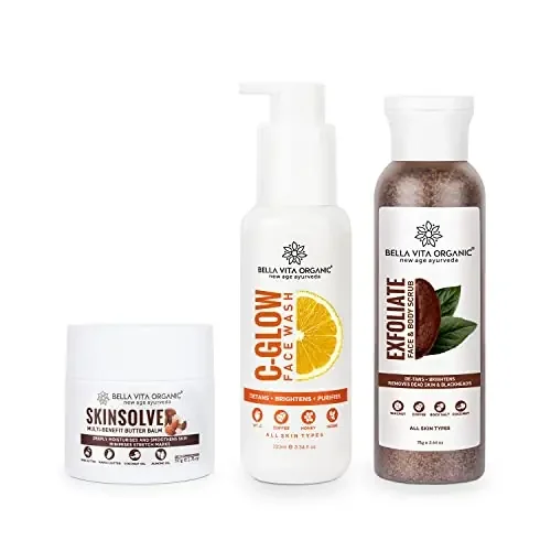 Bella Vita Organic Complete Winter Care Combo with Skin Solve Face Cream Body Butter For Dry Skin – Vitamin C Glow Face Wash for Acne Skin Brightening – Exfoliate Face & Body Scrub for De-Tan Removal