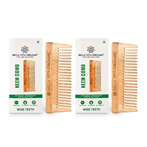 Bella Vita Organic Pure Neem Wooden Comb Wide Teeth Combo (Pack of 2) Dandruff & Hairfall Control Hair Styling Comb Daily Use Natural & Eco Friendly Best for Men & Women