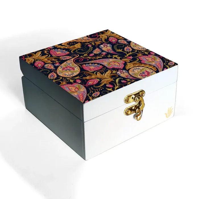 BIJNOR – METAL INLAY IN WOOD Decorative Gift Box for Presents Sameera Navy Size 5″ x 5″ x 2.75″ Jewellery Box Vintage Box Knick-knacks Storage Trunk Gift Box for Packaging Wooden box for storage