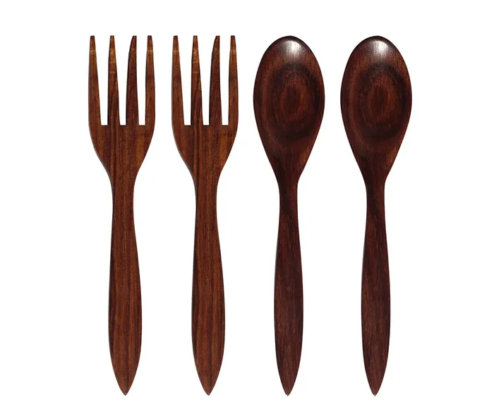 BIJNOR – METAL INLAY IN WOOD Handmade Sheesham Wood Spoon & Fork Set/Coffee Spoon/Dessert Spoon/Cutlery Kitchen Tableware (6 Inches) (24) (Brown 4 Pcs)