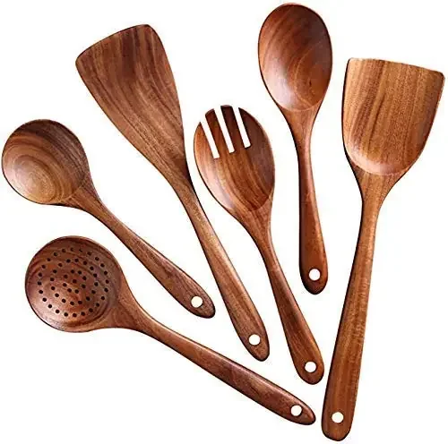 BIJNOR – METAL INLAY IN WOOD Handmade Wooden Non-Stick Serving and Cooking SpoonsTurning Spatulas Kitchen Tools Utensil Set of 6