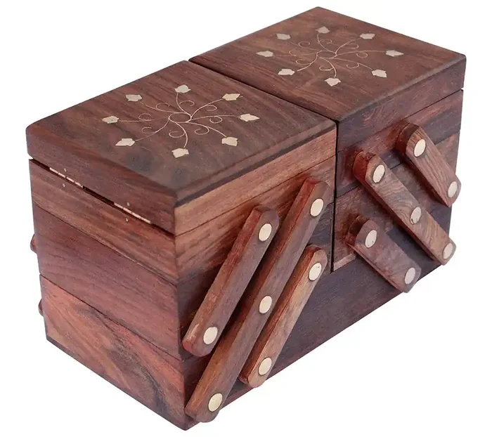 BIJNOR – METAL INLAY IN WOOD Handmade Wooden Rectangular Jewellery Organizer Box Brass Inlay for Women 5 in 1 (Brown Standard)