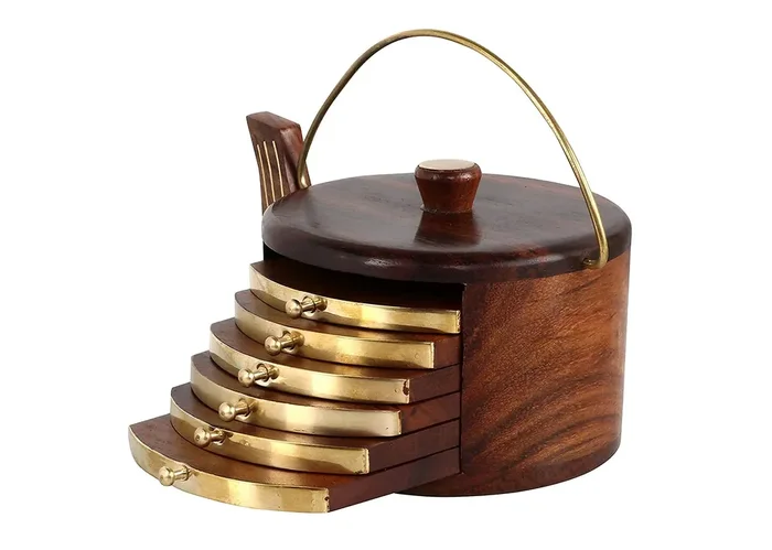 BIJNOR – METAL INLAY IN WOOD Handmade Wooden Tea Coaster Set of 6 Round Handicraft with Brass Decor Cattle Shape etc.