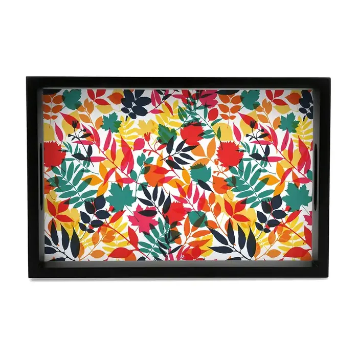 BIJNOR – METAL INLAY IN WOOD Serving Tray Autumn Leaves Design with Black Border Rectangular 8″ x 12″ Wooden Tray for Serving Tray for Decoration with Cut-Out Handles
