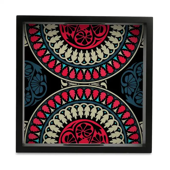 BIJNOR – METAL INLAY IN WOOD Serving Tray Black Mandala Design with Black Border Square 9″ x 9″ Wooden Tray for Serving Tray for Decoration with Cut-Out Handles