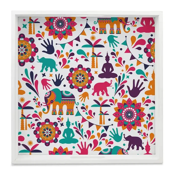 BIJNOR – METAL INLAY IN WOOD Serving Tray India Design with White Border Square 12″ x 12″ Wooden Tray for Serving Tray for Decoration with Cut-Out Handles