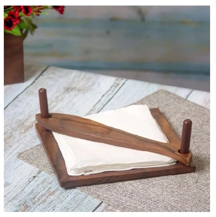 BIJNOR – METAL INLAY IN WOOD Tissue Holder Stand with Wooden Spoon for Toothpick Holding Napkin Holder Tissue Paper Holder for Dining Table Tissue Holder for Dining Table Napkin Holder Tissue Rack for Facial Napkins