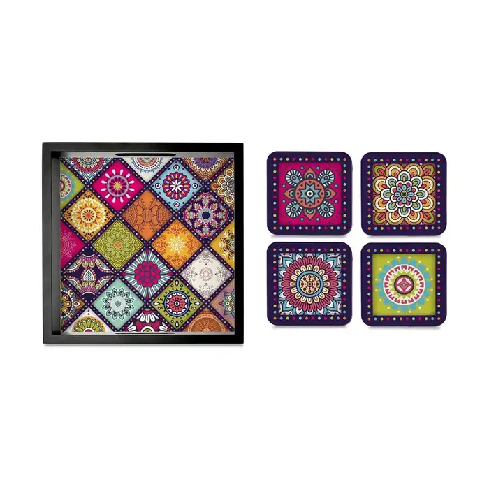 BIJNOR – METAL INLAY IN WOOD Tray & Coaster Set Multi Mandala Design – Combo Offer. Kitchen Dining Serving & Desk Set of 1 Tray 9″ x 9″ and 4 Tabletop Square Drinks Coasters 3.75″ x 3.75″ Made in Wood