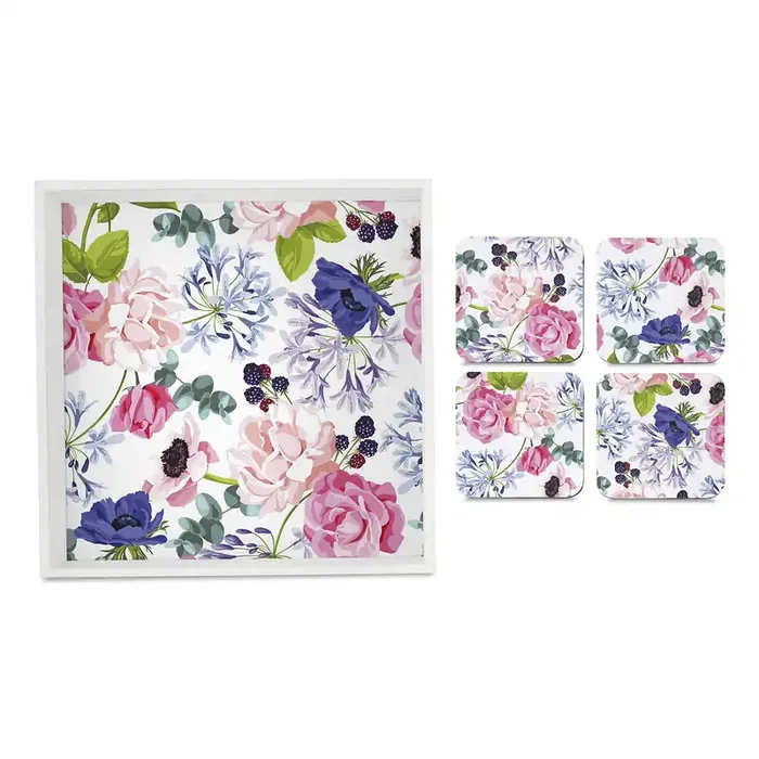 BIJNOR – METAL INLAY IN WOOD Tray & Coaster Set Roses Etc Design – Combo Offer. Kitchen Dining Serving & Desk Set of 1 Tray 12″ x 12″ and 4 Tabletop Square Drinks Coasters 3.75″ x 3.75″ Made in Wood