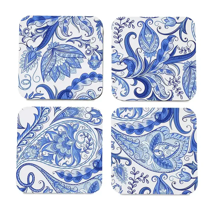 BIJNOR – METAL INLAY IN WOOD Wooden Coaster Set with Gift Box Blue Orient Design Set of 4 Tabletop Square Coasters 3.75″ x 3.75″ Kitchen Table Wooden Decorative Items for Cups Mugs Cans Glasses