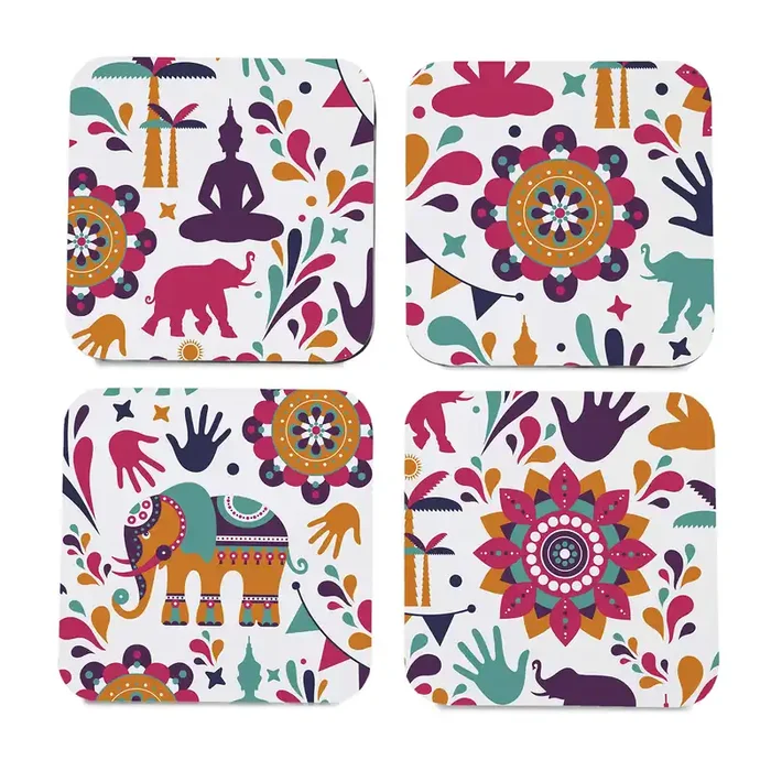 BIJNOR – METAL INLAY IN WOOD Wooden Coaster Set with Gift Box India Design Set of 4 Tabletop Square Coasters 3.75″ x 3.75″ Kitchen Table Wooden Decorative Items for Cups Mugs Cans Glasses