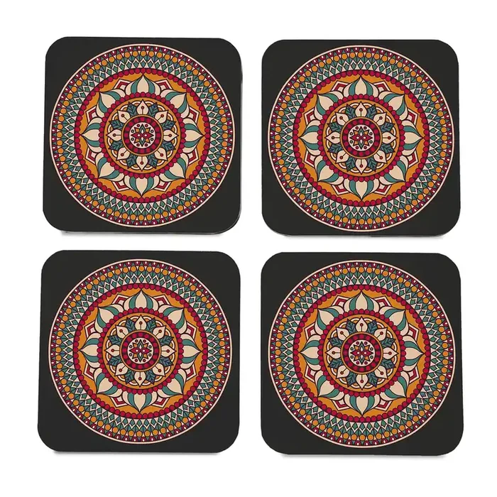 BIJNOR – METAL INLAY IN WOOD Wooden Coaster Set with Gift Box Red Mandala Design Set of 4 Tabletop Square Coasters 3.75″ x 3.75″ Kitchen Table Wooden Decorative Items for Cups Mugs Cans Glasses