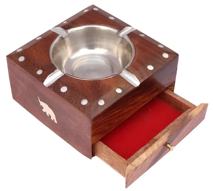 BIJNOR – METAL INLAY IN WOOD Wooden Handmade Ashtray with Cigarette Holder 4 Slots for Home Office Car