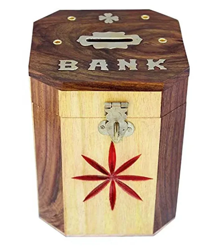 BIJNOR – METAL INLAY IN WOOD Wooden Piggy Bank Octagonal Shaped with Red Cutter Flower Chess Adult Piggy Bank Wooden Mix Design Coin Box Money Bank for Coins and Money for Kids Money Box for Home Temple Piggy Bank for adults Child Saving Wooden