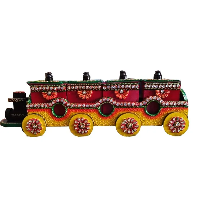 BIKANER GANGAUR IDOL Decorative Square Wooden Handmade Train Shaped Dry Fruit Box with 4 Container (Multicolour 18×5 Inch)